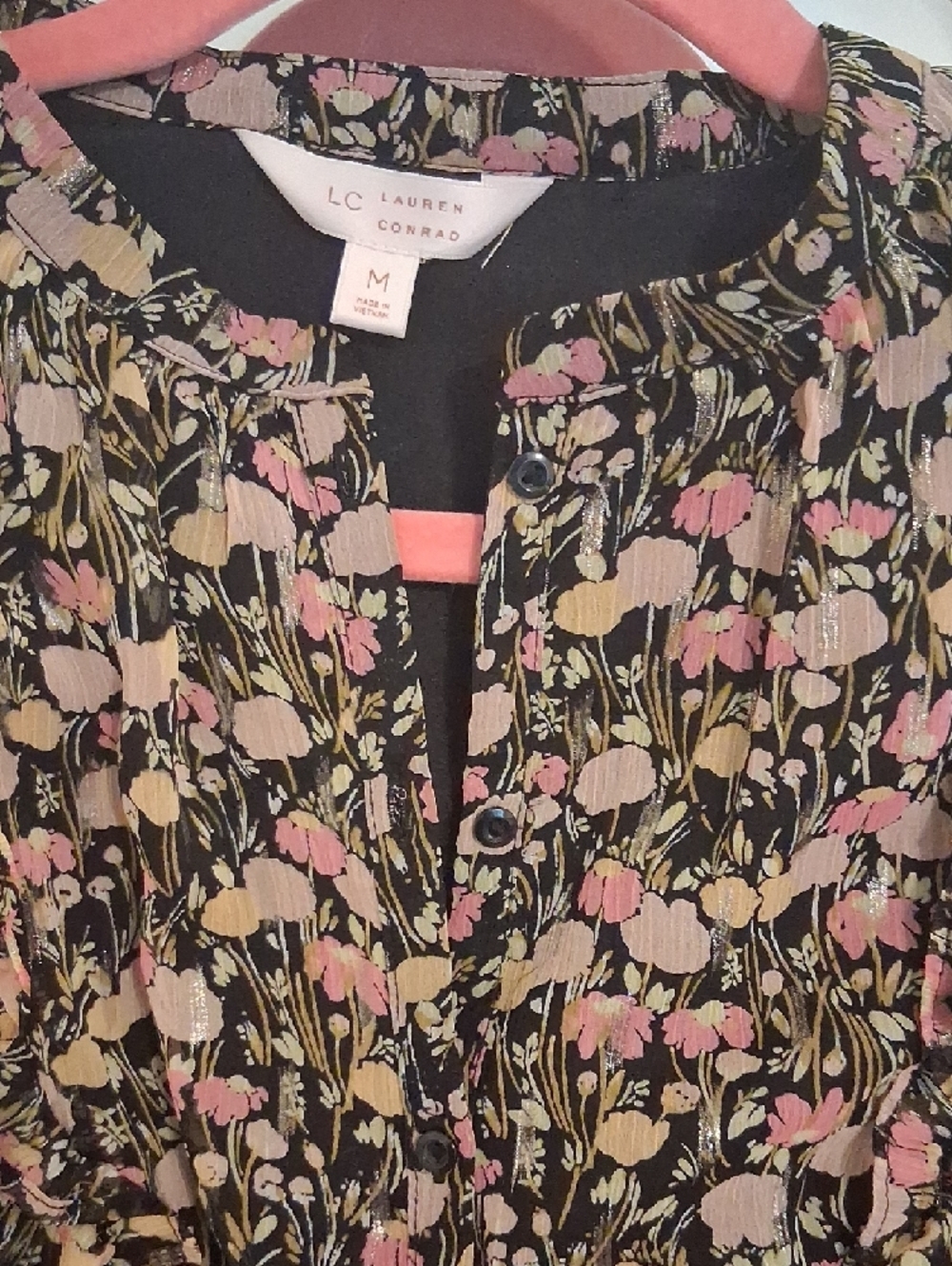Womens Floral Long-Sleeve Ruffle Dress - Pink & Gold - Picture 2 of 4